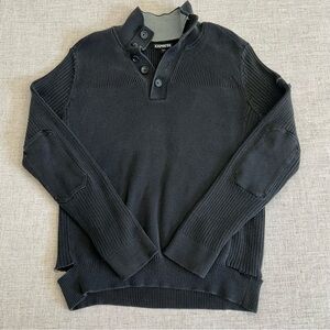 Express Sweater Men’s Large Black Fade Distressed Grunge Elbow Patches Cotton